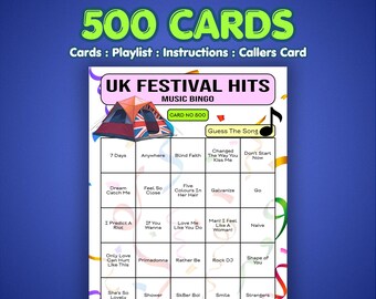 UK Festival Hits Music Bingo Cards | 500 Cards | Bar Night Game | Guess the Song