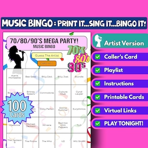 Tarjetas de bingo de 100 canciones de los 70, 80 y 90 para fiestas / Formato de artista / Juego de fiesta imprimible para toda la familia / Descarga instantánea / Juego de bingo virtual / Décadas