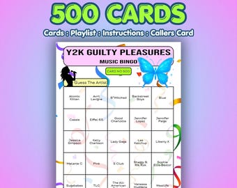 Tarjetas de bingo musical "Placeres culpables del año 2000" / 500 tarjetas / Juego para una noche de bar / Juego de preguntas y respuestas musicales /