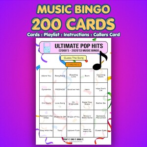 May include: A Music Bingo game card with the text "ULTIMATE POP HITS (2000'S - 2020'S) MUSIC BINGO." The card features a grid with song titles like "Dynamite" and "Uptown Funk." The background is purple with colorful confetti.