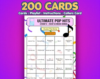 Pop Hits Music Bingo | 200 Cards | Fundraiser Game | Song Quiz