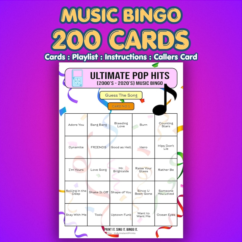 May include: A Music Bingo game card with the text "ULTIMATE POP HITS (2000'S - 2020'S) MUSIC BINGO." The card features a grid with song titles like "Dynamite" and "Uptown Funk." The background is purple with colorful confetti.