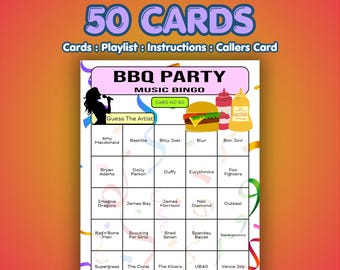 BBQ Party Music Bingo Cards | 50 Cards | Hen Party Game | Music Trivia Game