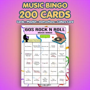 60s Music Bingo Cards – 1960s Rock N Roll | 200 Cards | Retro Night Game | Music Trivia Game