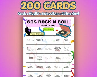60s Music Bingo Cards – 1960s Rock N Roll | 200 Cards | Retro Night Game | Music Trivia Game | Spotify Playlist Included