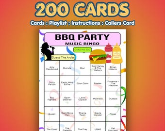 Tarjetas de bingo musical para fiestas de barbacoa / 200 tarjetas / Juego para eventos benéficos / Juego de preguntas y respuestas musicales /