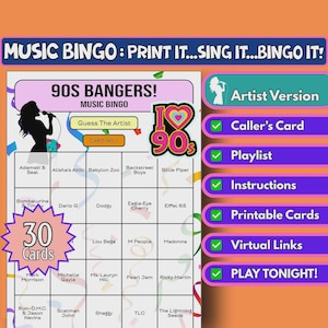 Bingo de música de los 90 con 30 tarjetas / Formato del artista / Juego de fiesta de los 90 para imprimir / Descarga instantánea para despedidas de soltera, reuniones y diversión retro.