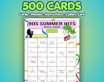 Cartones de Bingo Musical de los 90 – Éxitos del Verano de los 90 / 500 Cartones / Juego para Noche de Bar / Juego de Trivia Musical