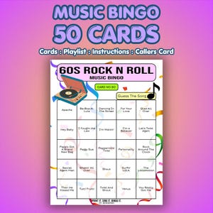 May include: A 60s Rock 'n Roll Music Bingo game with 50 cards. The bingo card features song titles like "Hey Baby" and "Tutti Frutti." The game includes a caller's card, playlist, and instructions. The background is a gradient of purple and pink.