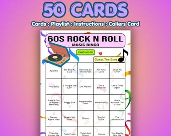 Muziekbingokaarten uit de jaren 60 – Rock N Roll uit de jaren 60 | 50 kaarten | Spel 70e verjaardag | Noem dat nummer