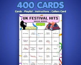 UK Festival Hits Musik Bingo Karten | 400 Karten | Spendensammel-Bingo | Musik Quiz Spiel
