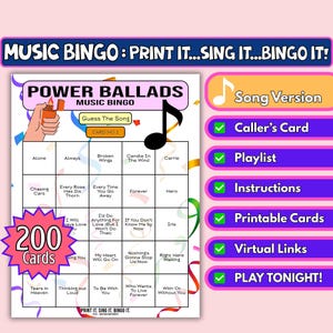 Gioco del Bingo Power Ballads da 200 carte / Versione canzone / Gioco musicale stampabile / Raccolta fondi di beneficenza, festa su Zoom, divertimento in famiglia / Download immediato /