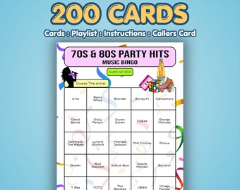 70s and 80s Music Bingo Cards – 1970s & 1980s Party Hits | 200 Cards | Retro Night Game | Music Trivia Game |
