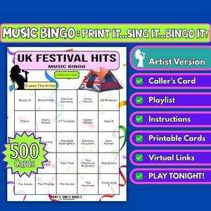 500-Card UK Festival Hits Music Bingo Cards | Printable Game for Festival Tents, Charity Nights, Pub Quiz | Instant Download | Artist Format