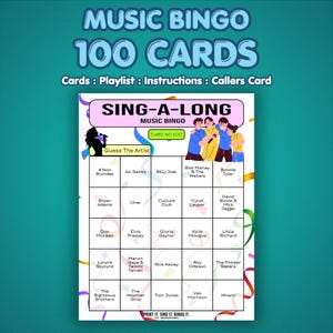 Może przedstawiać: Karta do gry w Music Bingo z tekstem "Music Bingo 100 Cards". Karta ma motyw "Sing-A-Long" z nazwami artyst&oacute;w, takich jak Bob Marley, Cher i Elvis Presley. Zawiera instrukcje i kartę dzwoniącego.