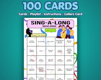 Tarjetas de bingo musical para cantar juntos / 100 tarjetas / Juego para cenas / Juego de preguntas y respuestas musicales /