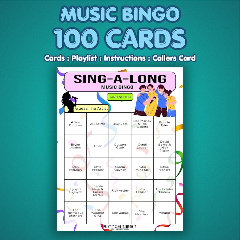 Może przedstawiać: Karta do gry w Music Bingo z tekstem "Music Bingo 100 Cards". Karta ma motyw "Sing-A-Long" z nazwami artyst&oacute;w, takich jak Bob Marley, Cher i Elvis Presley. Zawiera instrukcje i kartę dzwoniącego.