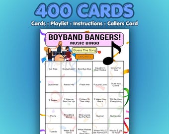 Karty do gry w bingo z muzyką boysbandową | 400 kart | Gra w noc barową | Podaj tytuł piosenki