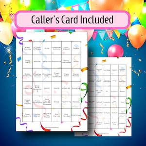 May include: Two bingo cards with a blue background, colourful balloons, and confetti. The cards feature a grid of names and the text "Caller's Card Included". Ideal for a party or game night.