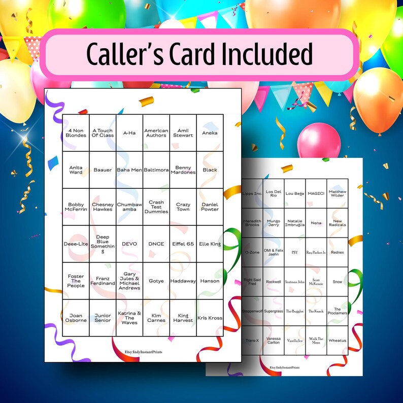 May include: Two bingo cards with a blue background, colourful balloons, and confetti. The cards feature a grid of names and the text "Caller's Card Included". Ideal for a party or game night.