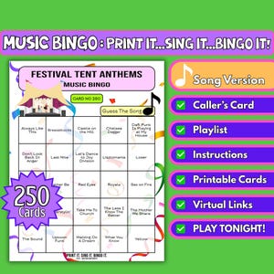 Himnos de carpa para festivales de 250 tarjetas / Bingo musical para bodas, organizadores de fiestas y eventos comunitarios / Formato de canciones / Descarga instantánea en PDF
