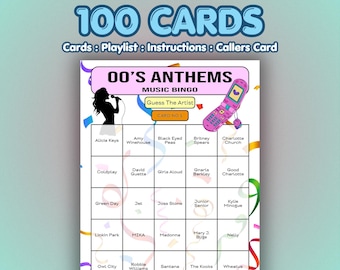 2000s Music Bingo Cards – 00s Anthems | 100 Cards | Girls Night Game | Name That Artist