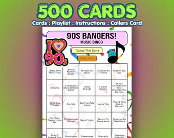 90s Music Bingo Cards – 1990s Bangers | 500 Cards | Festival Game | Guess the Song