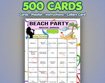 Beach Party Music Bingo Cards | 500 Cards | Holiday Camp Game | Name That Song