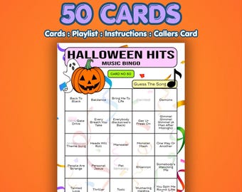 Bingo musical de Halloween – Éxitos de Halloween / 50 tarjetas / Noche de juegos espeluznantes / Adivina la canción