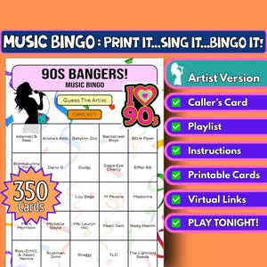 350-card 90s Bangers music bingo | Artist format | Printable 90s Spotify Playlist party game | Instant download for 1990s themed parties!