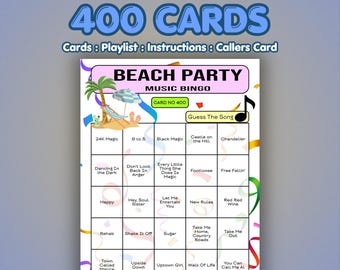 Beach Party Music Bingo Cards | 400 Cards | Large Group Game | Song Quiz Game