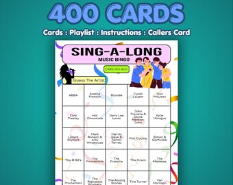 Tarjetas de bingo musical para cantar juntos / 400 tarjetas / Noche de preguntas y respuestas en el pub / Adivina el artista /