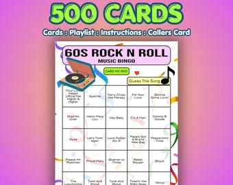 60s Music Bingo Cards – 1960s Rock N Roll | 500 Cards | Large Group Game | Song Quiz Game