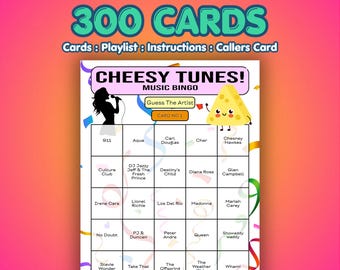 Tarjetas de bingo musical "Cheesy Tunes" / 300 tarjetas / Juego para fiestas de oficina / Adivina el artista /