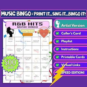 500-Card R&B Hits Music Bingo | Artist Format | Printable for Large Parties, Virtual Events, Classrooms or Pub Quizzes and Fundraisers | PDF