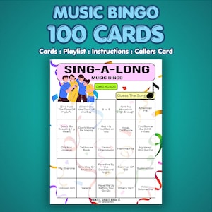 以下が含まれることがあります： 「MUSIC BINGO 100 CARDS」のテキストが入った、カラフルな音楽ビンゴゲームカード。「SING-A-LONG」をテーマに、「American Pie」や「Hotel California」などの曲名が記載されています。説明書と、呼び出しカードが含まれています。