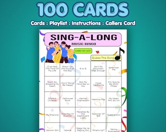 Tarjetas de bingo musical para cantar / 100 tarjetas / Juego de trabajo / Juego de preguntas sobre canciones /