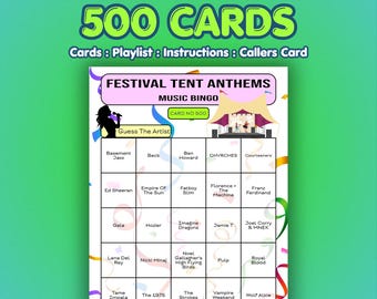 Festival Music Bingo Cards – Tent Anthems | 500 Cards | Festival Game | Music Trivia Game