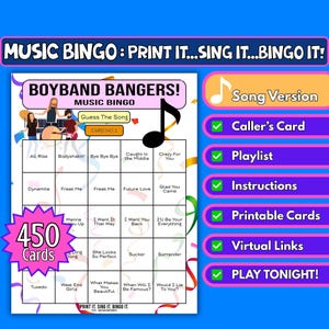 Boyband Bangers-muziekbingo met 450 kaarten | Nummerindeling | Afdrukbare game | Festival Vrijgezellenfeest Kantoor Zoom Sociaal | Partygame direct downloaden