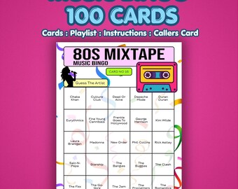 80年代ミュージックビンゴカード – 80年代ミックステープ | カード100枚 | バースデービンゴ | アーティスト名当てクイズ