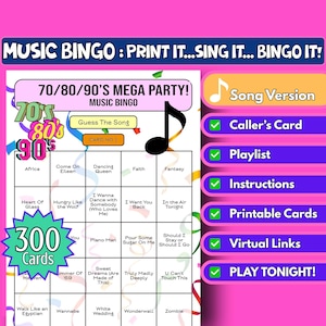 300 cartelas de bingo com música para festa dos anos 70/80/90 | Jogo de festa para imprimir | Jogo de festa para família | Download instantâneo | Jogo de bingo virtual | Décadas