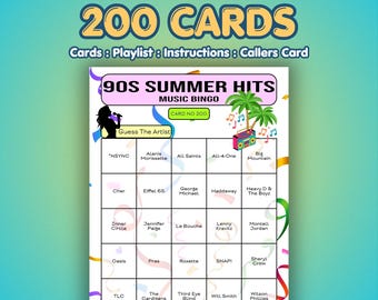 Tarjetas de Bingo Musical de los 90 – Éxitos del Verano de los 90 / 200 Tarjetas / Juego para Fiestas de Oficina / Juego de Trivia Musical