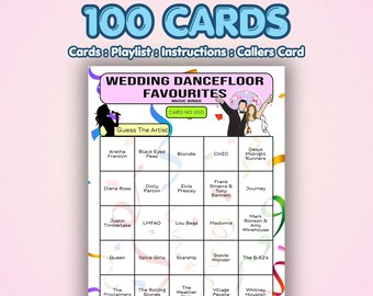 Wedding Music Bingo Cards – Dancefloor Fillers | 100 Cards | Bachelorette Game | Guess the Artist
