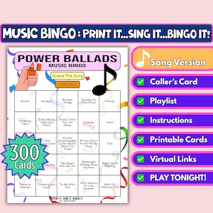 Gioco del Bingo Power Ballads da 300 carte / Versione canzone / Gioco musicale stampabile / Raccolta fondi di beneficenza, festa su Zoom, divertimento in famiglia / Download immediato /