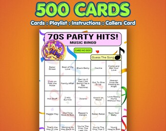 Tarjetas de Bingo Musical de los 70 – Éxitos de Fiesta de los 70 / 500 Tarjetas / Juego para Noche de Damas / Adivina la Canción /