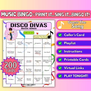 200 Card Disco Divas Music Bingo, 70s Feel-Good Throwbacks, Women Disco Hits – Bingo game, Partygame | Guess the Song | Instant Download