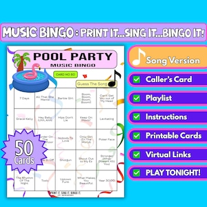 Cartelle da bingo con musica per feste in piscina da 50 carte / Gioco stampabile per feste in piscina, addii al nubilato e compleanni estivi / Download immediato / Formato canzoni