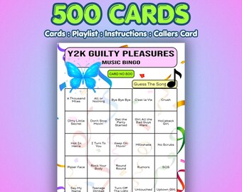 Tarjetas de bingo musical "Placeres culpables del año 2000" / 500 tarjetas / Juego de nostalgia / Juego de preguntas sobre canciones /