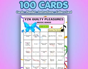 Y2K Guilty Pleasures-muziekbingokaarten | 100 kaarten | Spel 40e verjaardag | Raad het nummer |