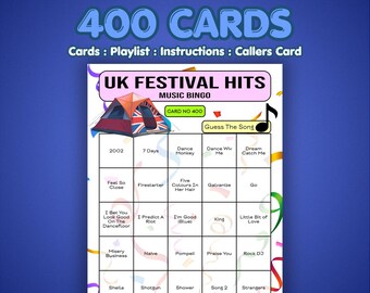 UK Festival Hits Musik Bingo Karten | 400 Karten | Team-Party-Spiel | Name dieses Lied